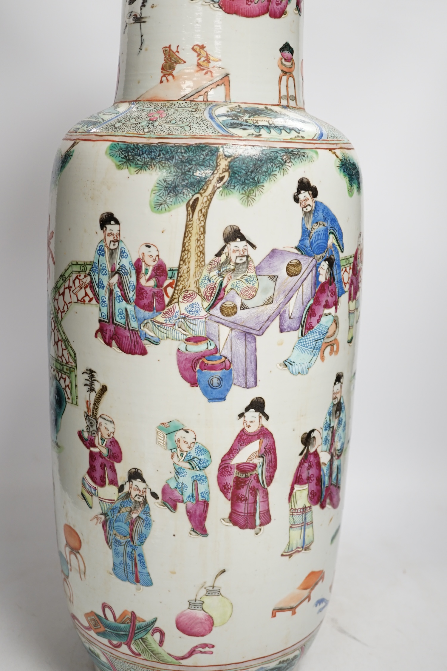 A large 19th century Chinese famille rose rouleau vase, 64cm. Condition - rim and neck have discoloured restored, otherwise fair